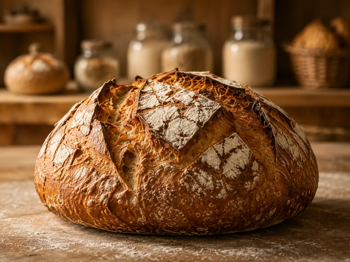Gros plan sur un pain au levain, croûte craquelée et farinée, sur la table du fournil