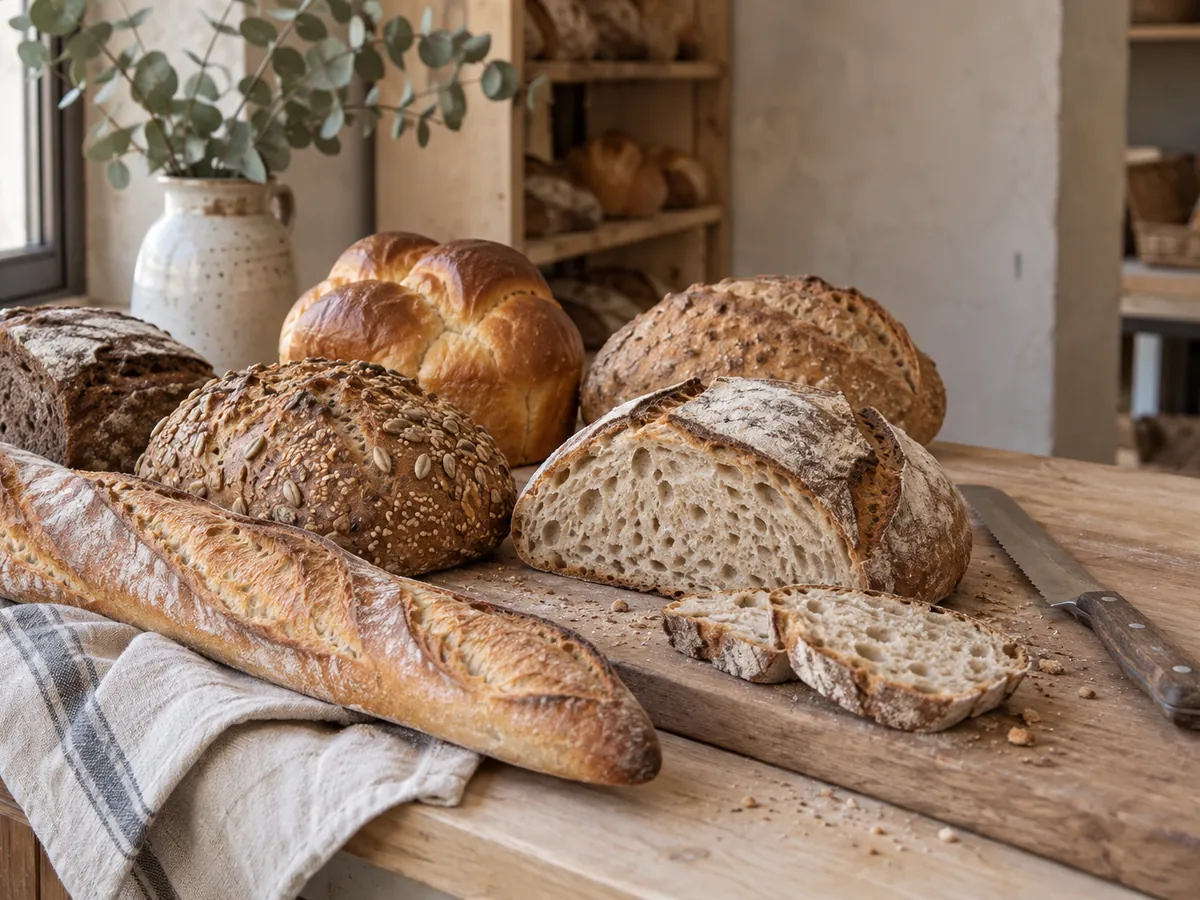 Baguettes, pain de campagne tranché et brioche sur une planche en bois
