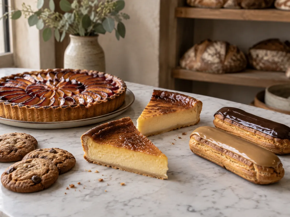 Tarte aux fruits, part de flan, éclairs et cookies sur un comptoir en marbre