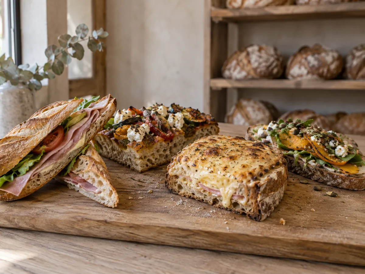 Sandwich, focaccia et croque-monsieur sur une planche en bois