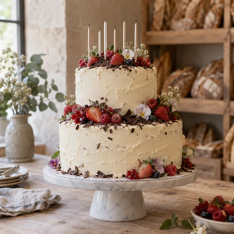 Gâteau d'anniversaire à deux étages, crème blanche, fruits rouges et bougies