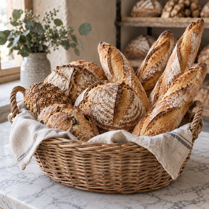 Corbeille en osier remplie de baguettes et de pains au levain