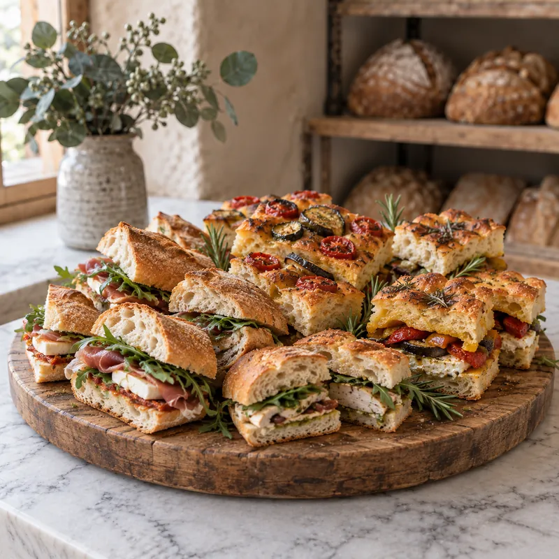 Plateau en bois garni de sandwichs et de focaccias coupés