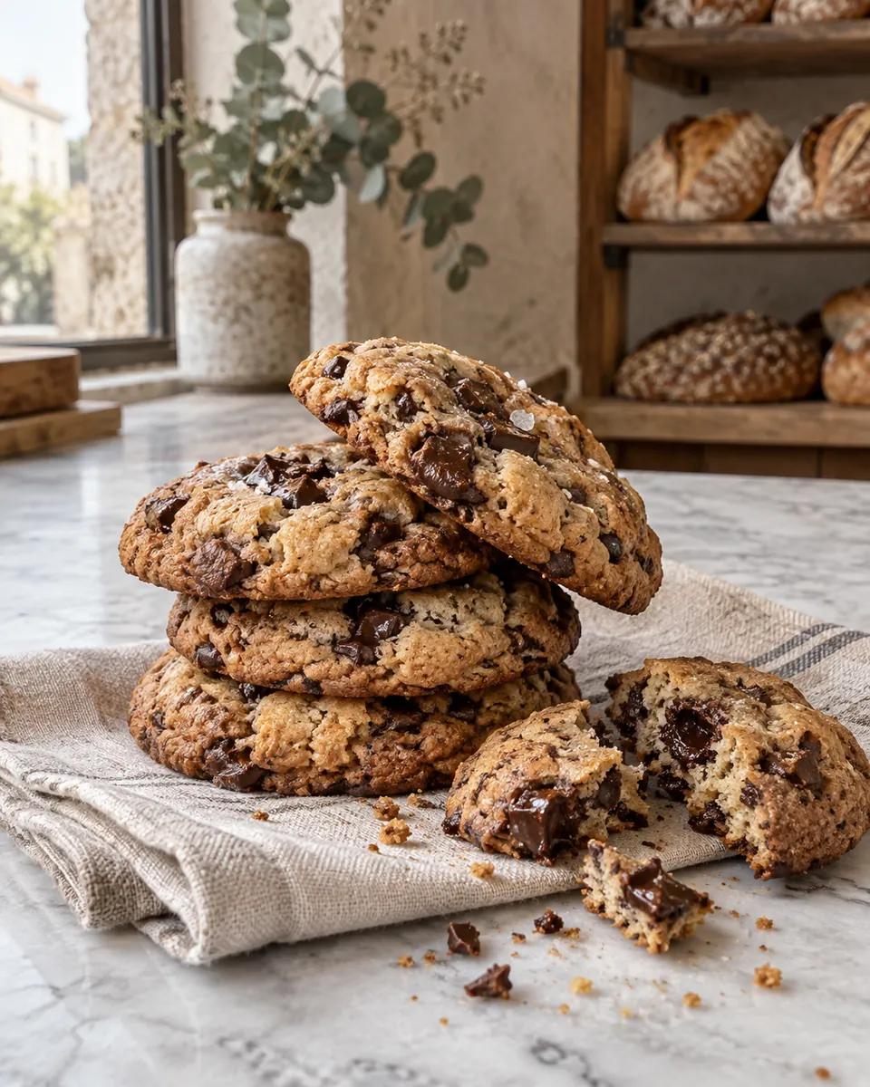 Pile de cookies aux pépites de chocolat sur un torchon en lin