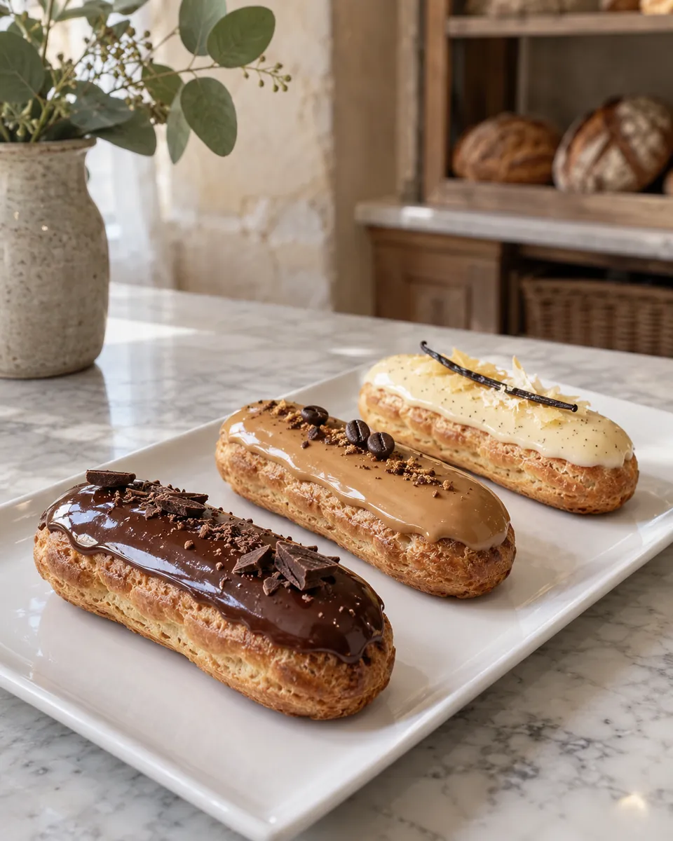 Trois éclairs, chocolat, café et vanille, sur une assiette blanche