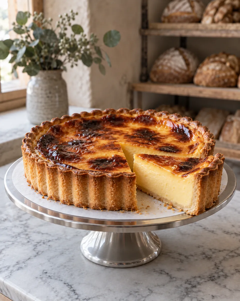 Flan pâtissier entamé, dessus caramélisé