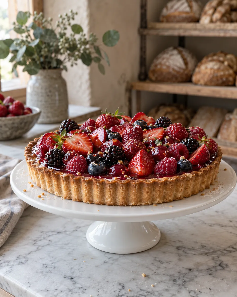 Tarte aux fruits rouges sur un présentoir blanc