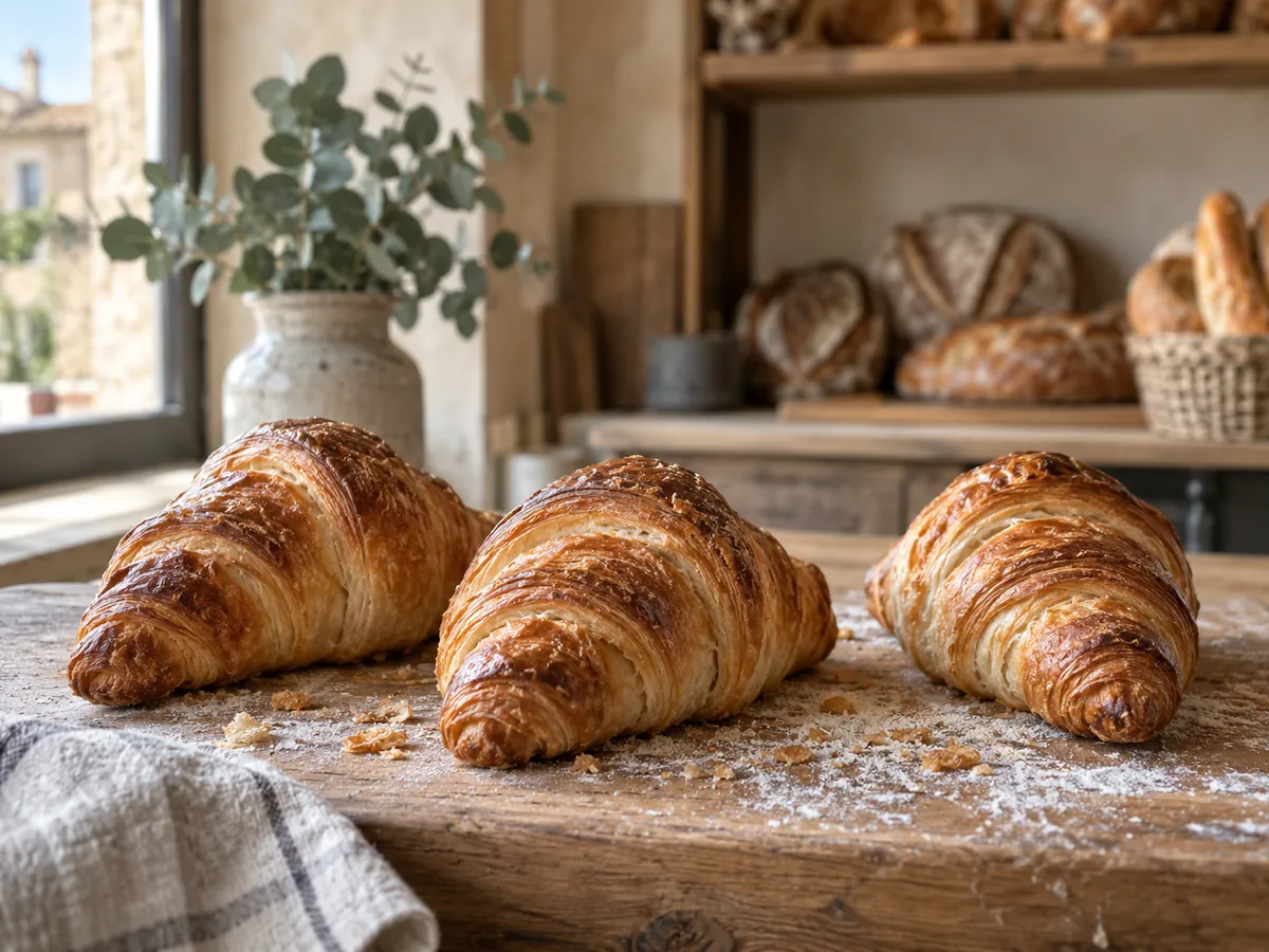 Trois croissants pur beurre sur une table en bois farinée