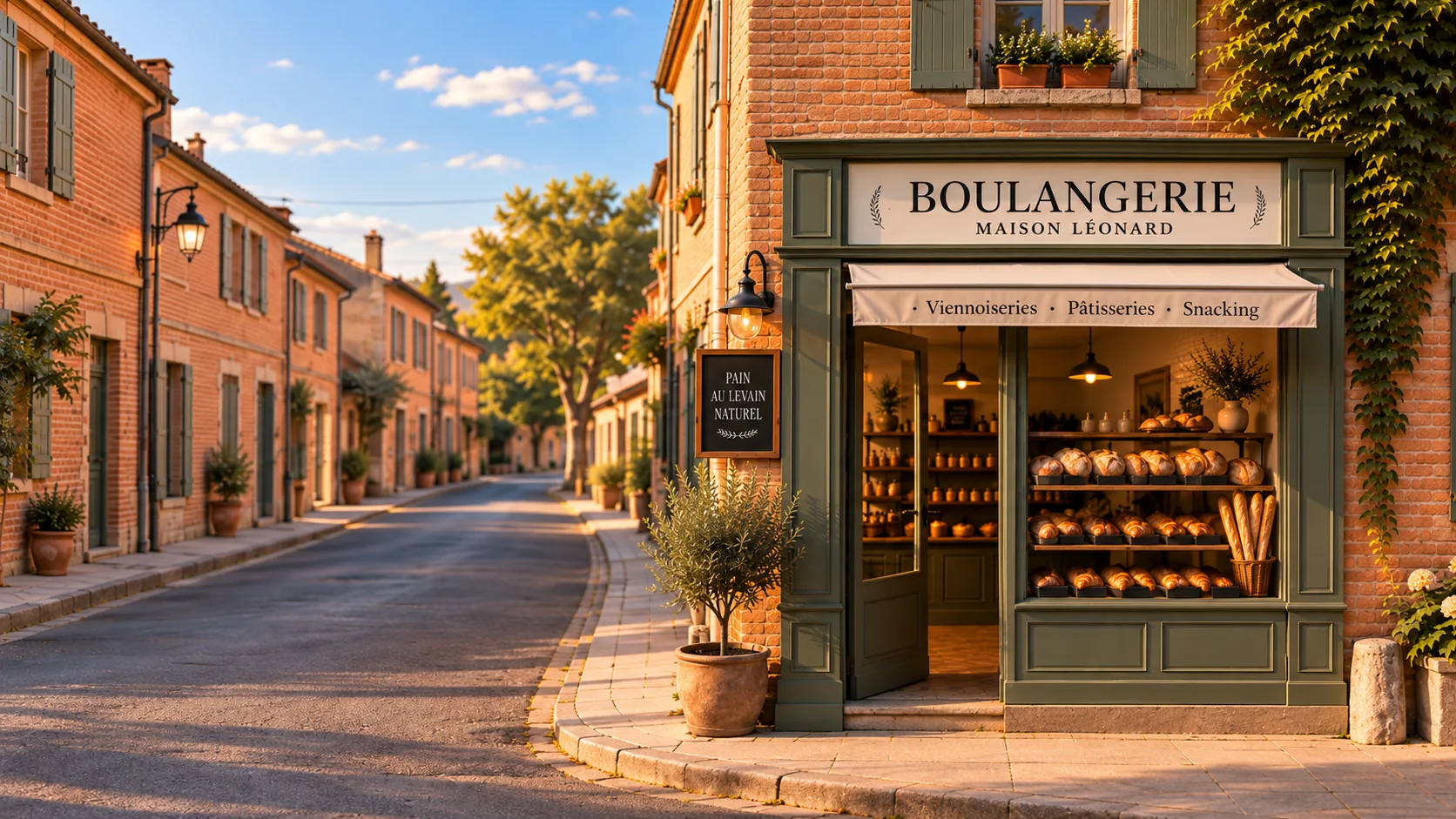 Devanture vert olive de la boulangerie Maison Léonard, dans une rue de village aux façades de briques.