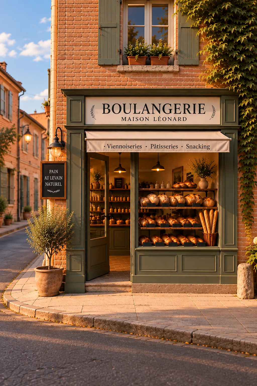 Façade de la boulangerie Maison Léonard, boiseries vertes et pains en vitrine