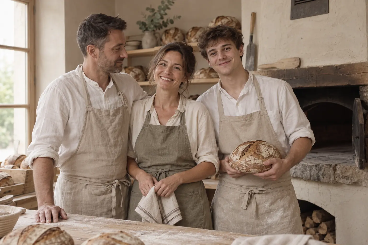 Trois membres de l'équipe en tablier de lin dans le fournil, devant le four à bois, l'un tenant une miche de pain
