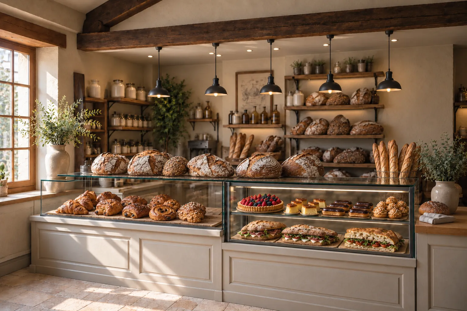 Intérieur de la boutique : étagères de pains, vitrine de viennoiseries et de pâtisseries sous les suspensions