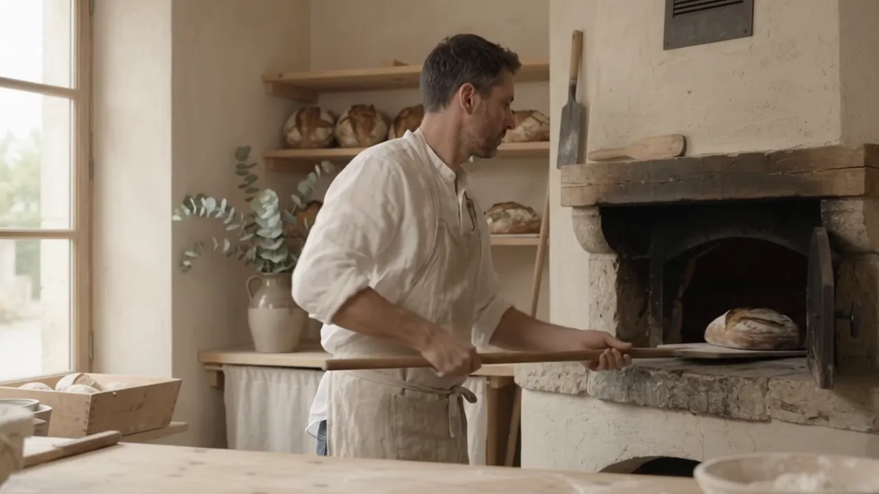 Le boulanger sort un pain du four à bois avec sa pelle