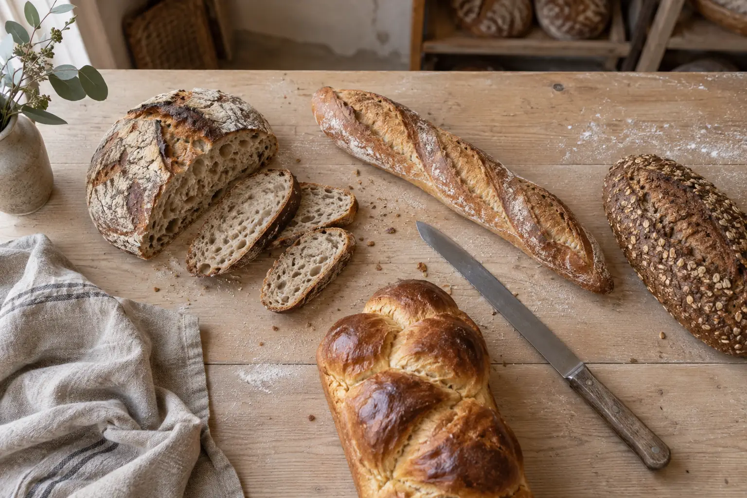 Pain au levain rond, croûte dorée et farinée, sur une table en bois du fournil