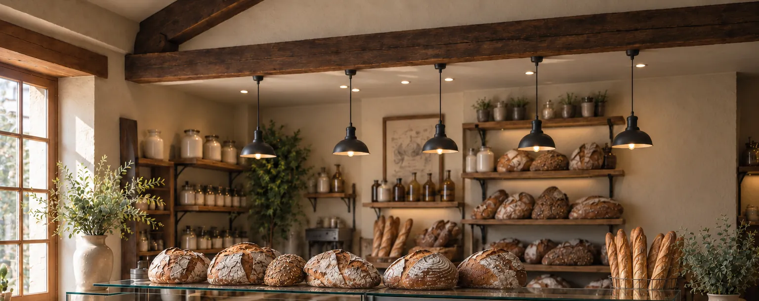 Pains au levain et baguettes sur le comptoir, étagères de pains et suspensions de la boutique