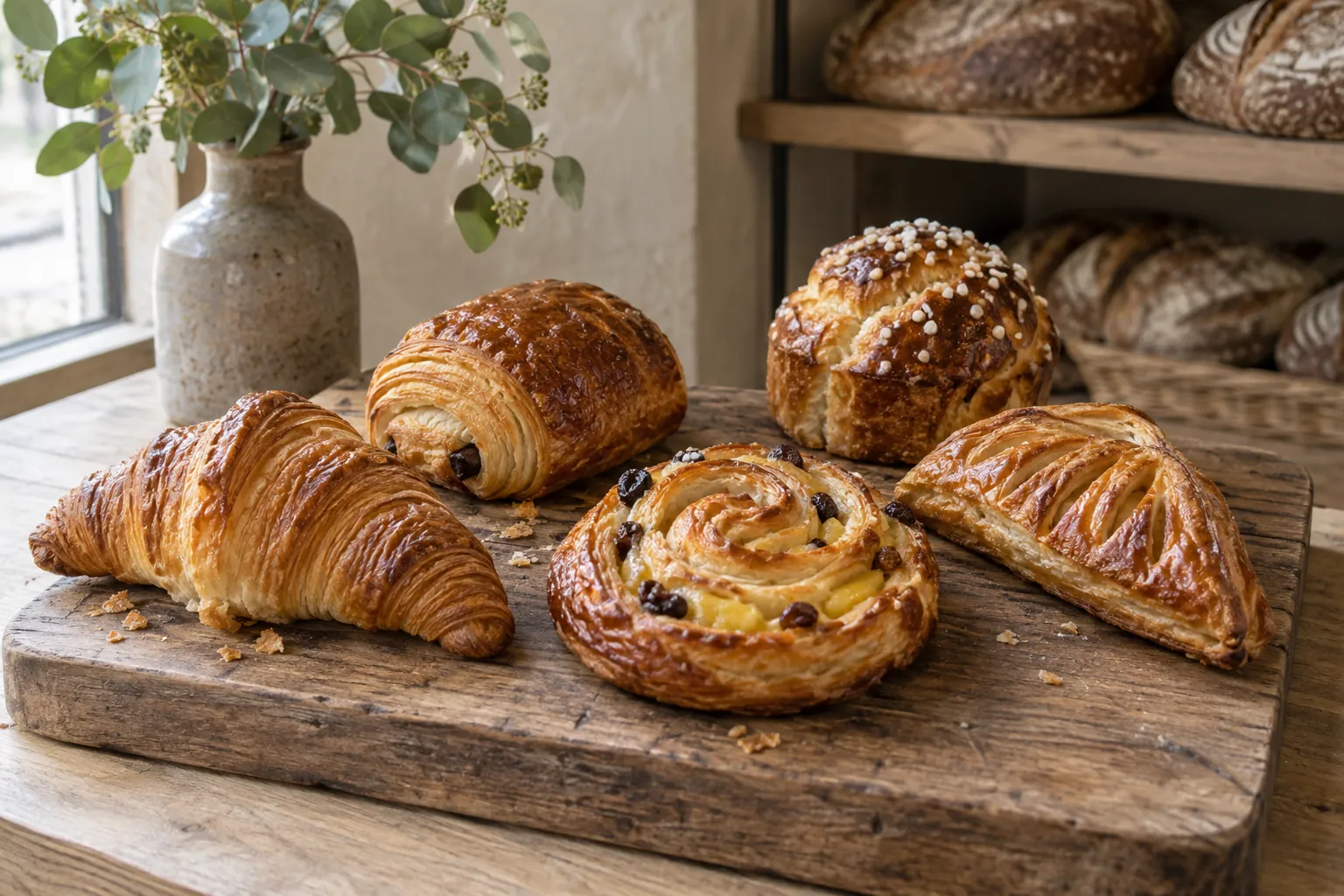 Croissant, pain au chocolat, pain aux raisins, brioche et chausson sur une planche en bois